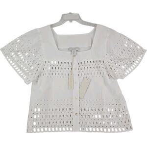 Calypso~Woman Size S~White 100 % Cotton Button-Up Shirt Blouse Shirt Sleeve NWT.